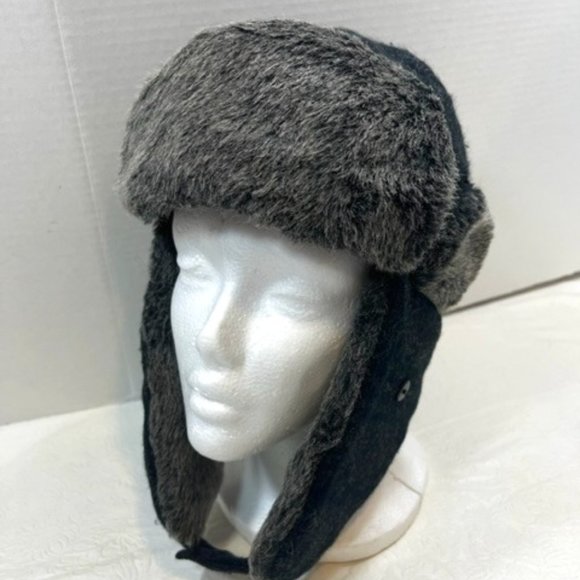 Dockers Trapper Faux Fur Wool Blend Black Gray Plaid Ear Flap Hat One Size - Picture 1 of 11